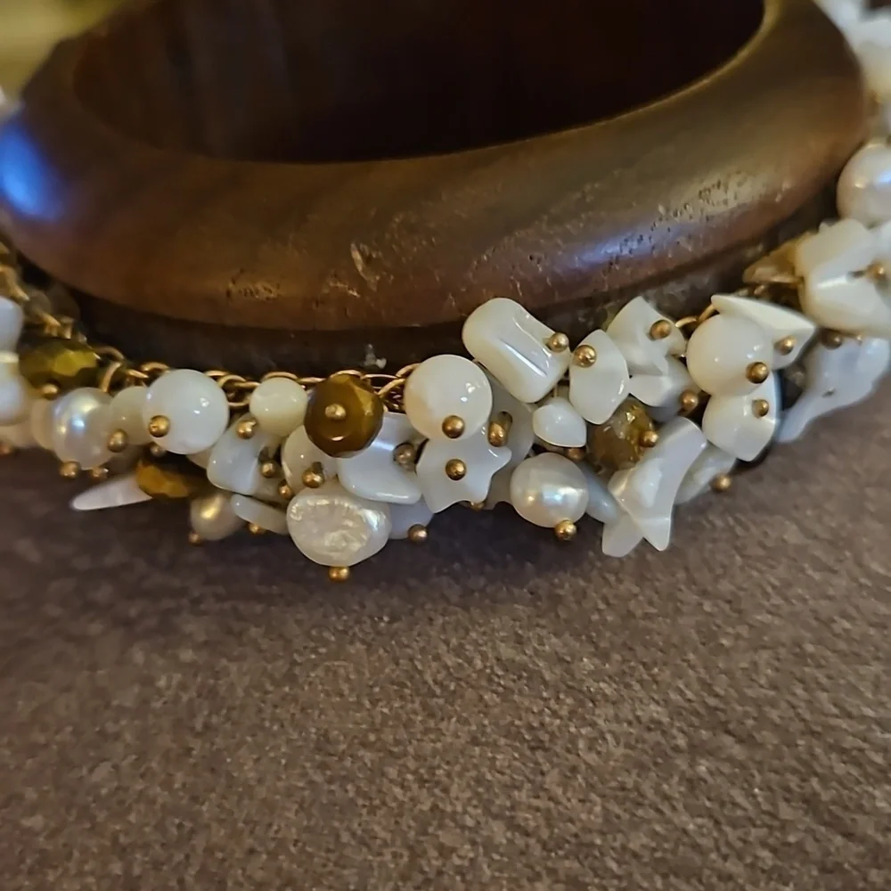 VTG Wood Mother of Pearl Bauble Cha Cha Bangle Mermaidcore Chunky Bracelet